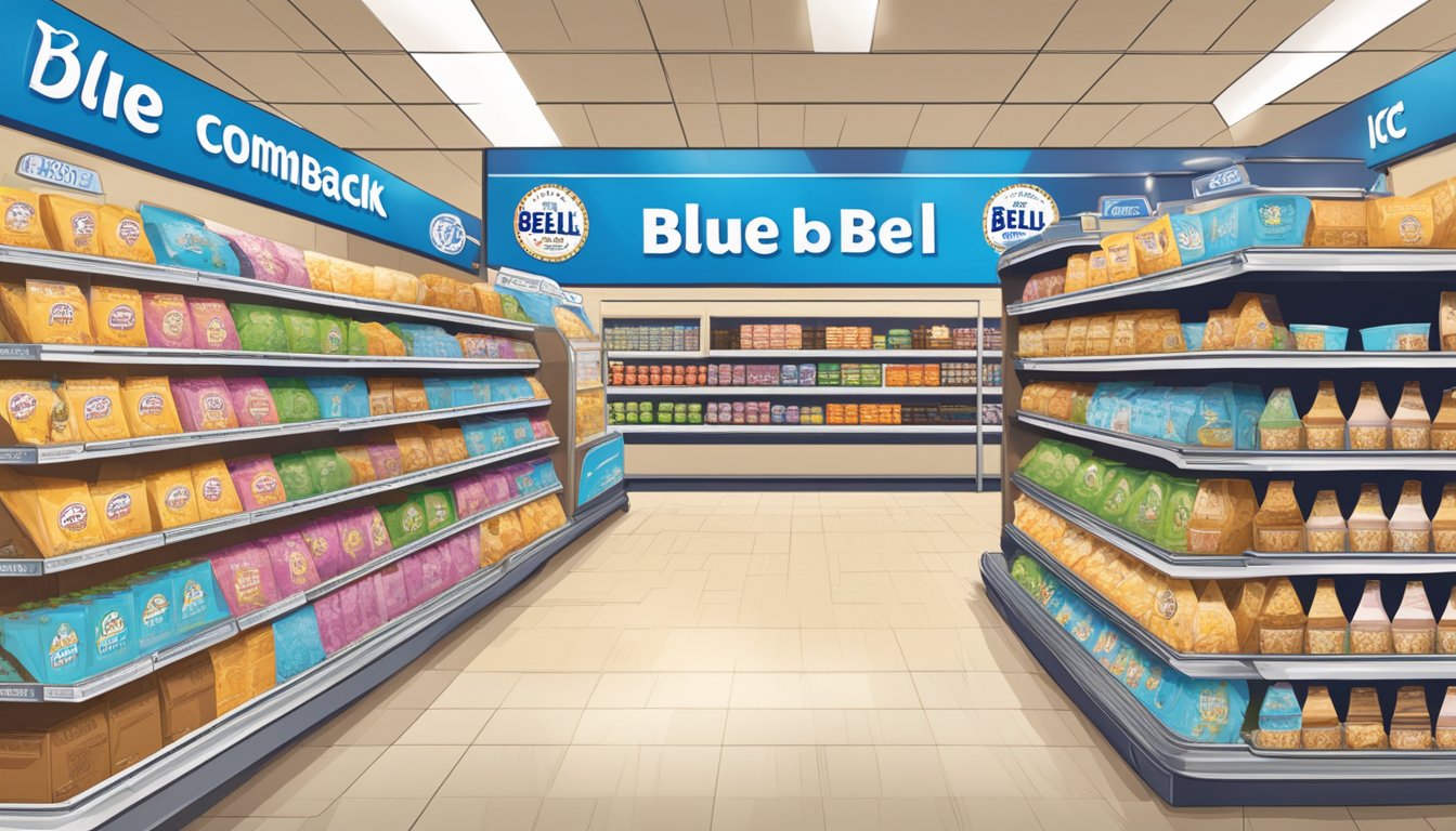 Blue Bell ice cream cartons displayed prominently in a grocery store aisle, surrounded by banners and signs promoting the "epic comeback."