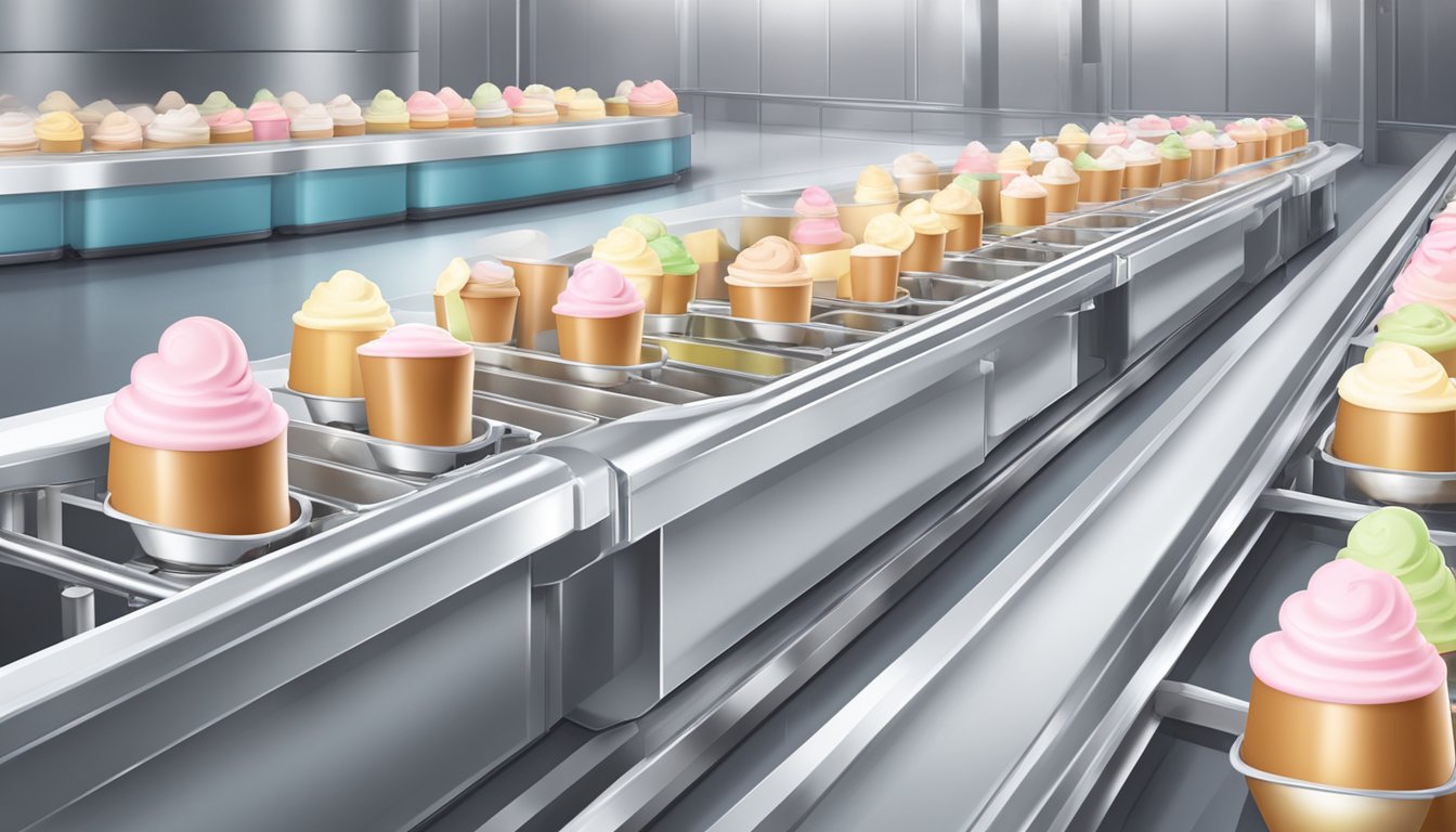 A row of pristine ice cream tubs on a conveyor belt, passing through a series of high-tech quality control machines