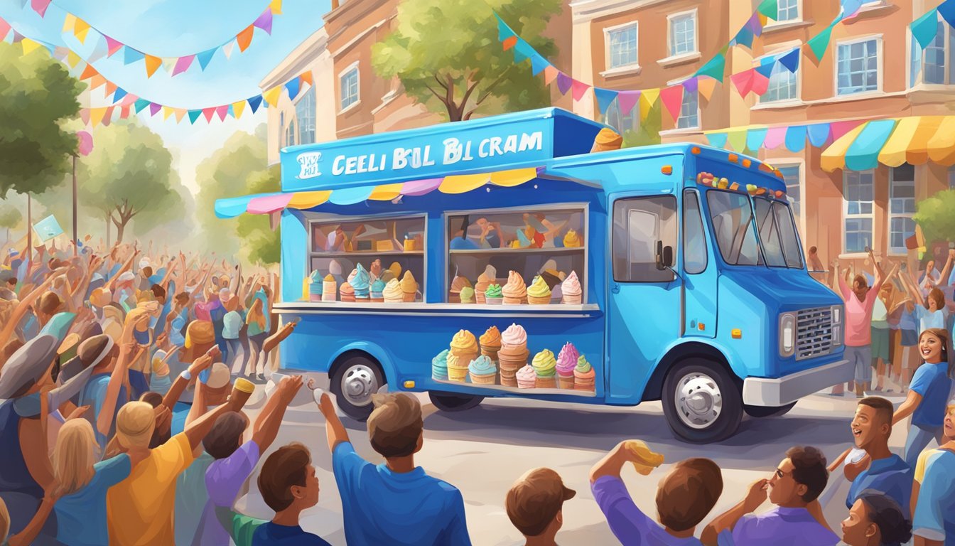 A triumphant Blue Bell ice cream truck surrounded by cheering crowds and colorful banners