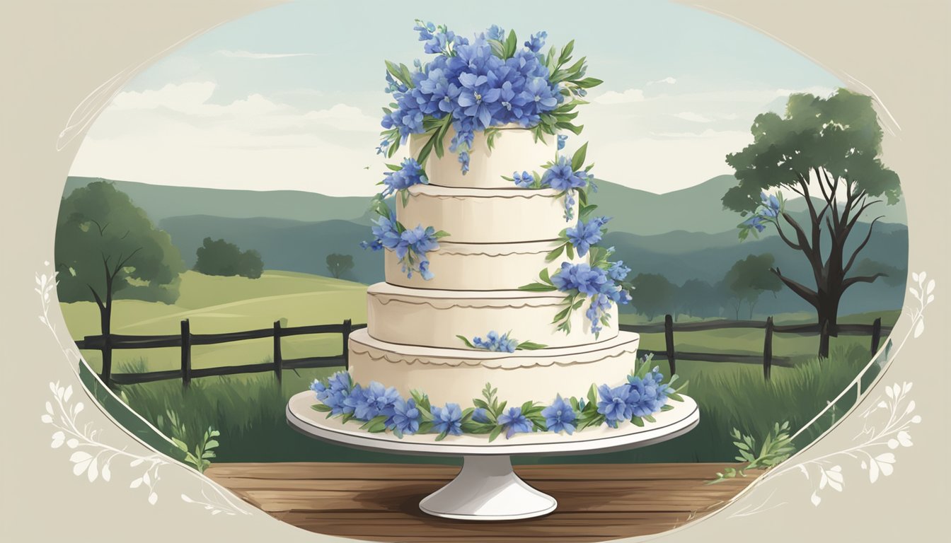 A three-tiered wedding cake adorned with rustic blue bell flowers and greenery, set against a backdrop of a Texas countryside landscape