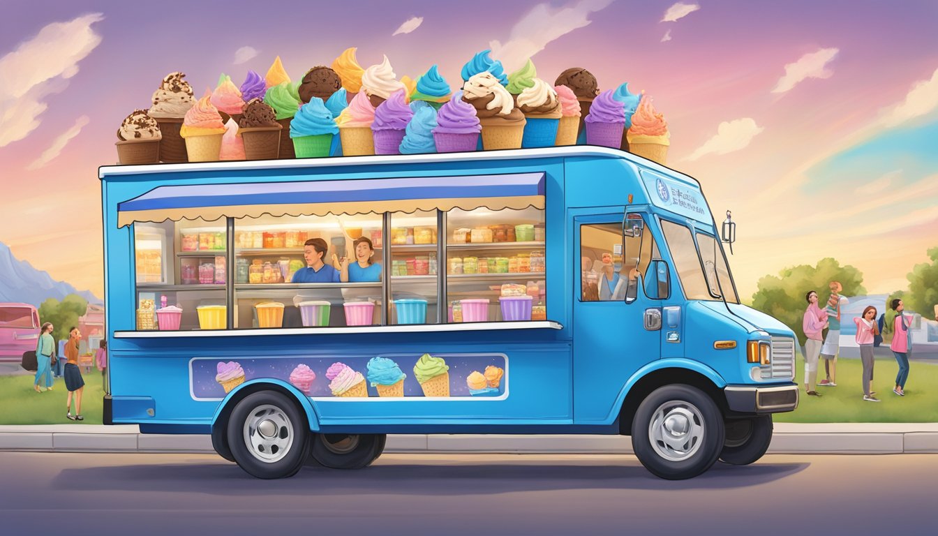 A triumphant Blue Bell ice cream truck surrounded by excited customers, showcasing 12 new and innovative flavors