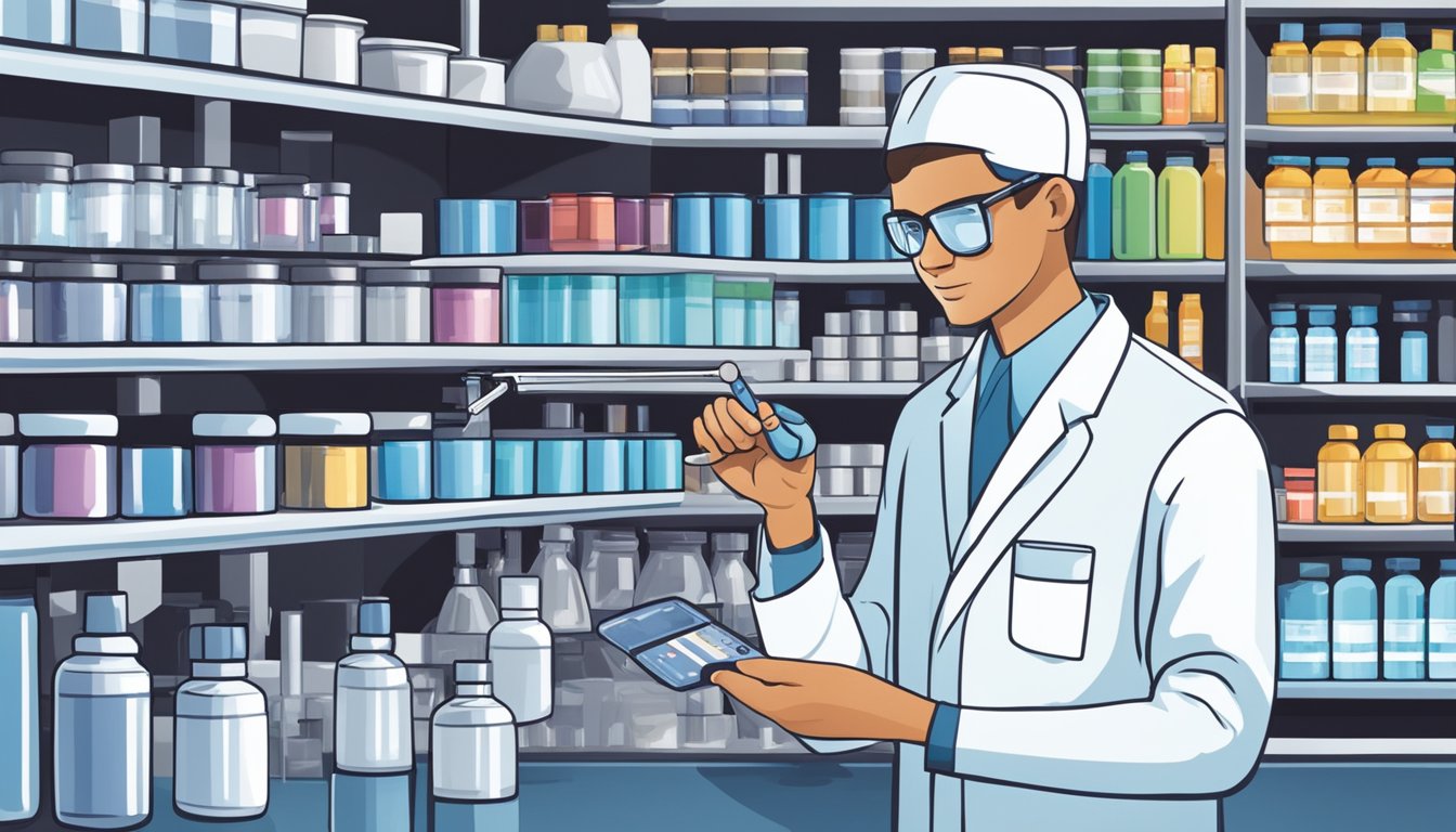 A laboratory technician carefully examines and compares detailed labels on Blue Bell products, surrounded by shelves of neatly organized testing equipment and samples