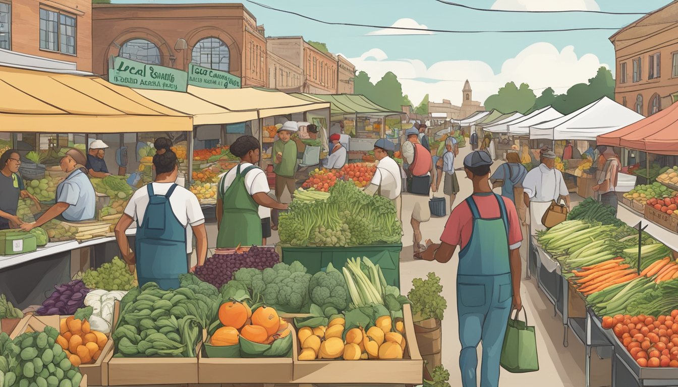 A bustling farmer's market with vendors selling fresh produce and a sign advertising "Local Sourcing."