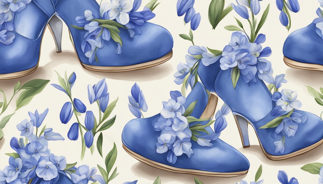 A pair of elegant blue shoe accessories inspired by bluebells, surrounded by Texas wedding decor