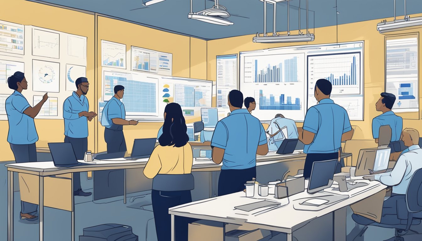 A group of employees in a training room, surrounded by charts, graphs, and images of Blue Bell's quality control processes