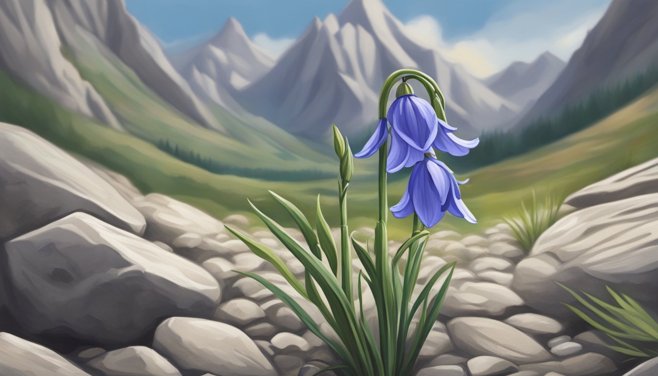 A lone bluebell blooming amidst rocky terrain, symbolizing resilience and triumph over adversity