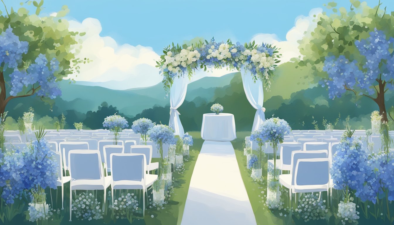 A serene outdoor wedding ceremony under a clear blue sky, surrounded by bluebell flowers and decor in various shades of blue