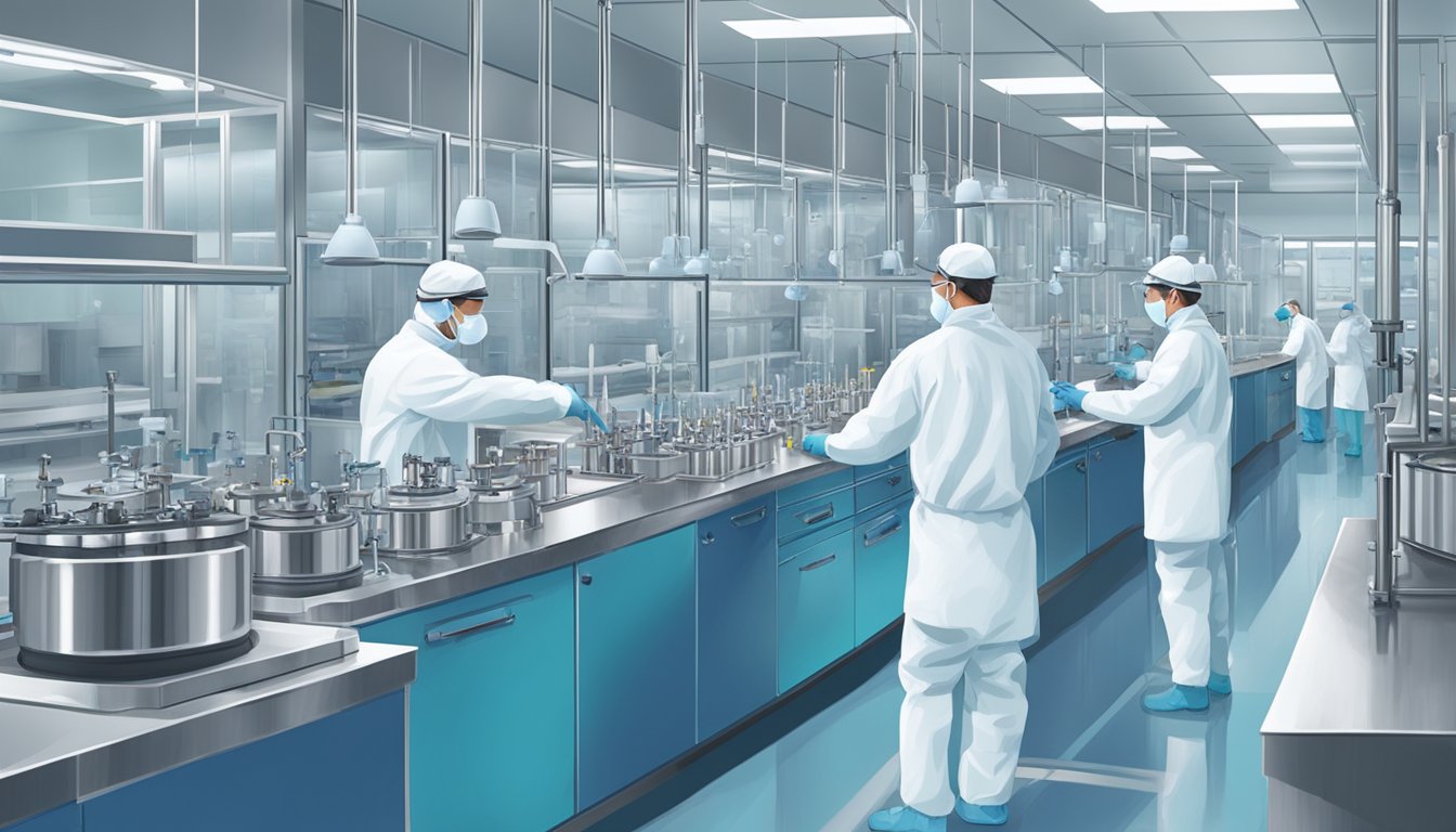 A sterile laboratory setting with equipment, machinery, and workers in protective gear conducting meticulous quality control tests on Blue Bell products