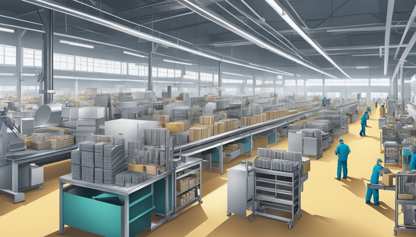 A bustling factory floor with workers operating machinery, packaging lines, and storage areas filled with products ready for distribution