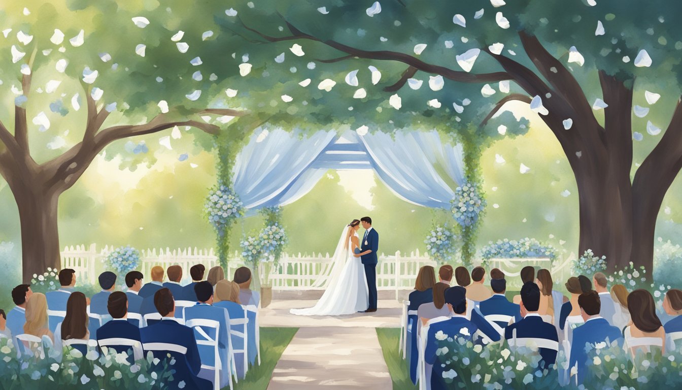 A lush Texas wedding venue adorned with blue bell flowers in full bloom, with a bride and groom exchanging vows under a canopy of delicate petals