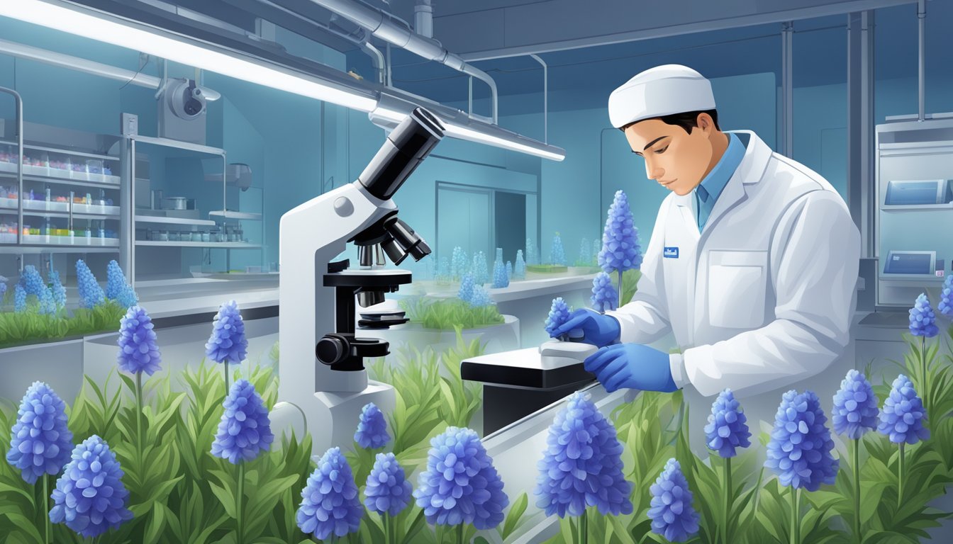 A laboratory technician carefully examines a row of pristine, blue bell-shaped flowers under a microscope, surrounded by state-of-the-art environmental monitoring equipment