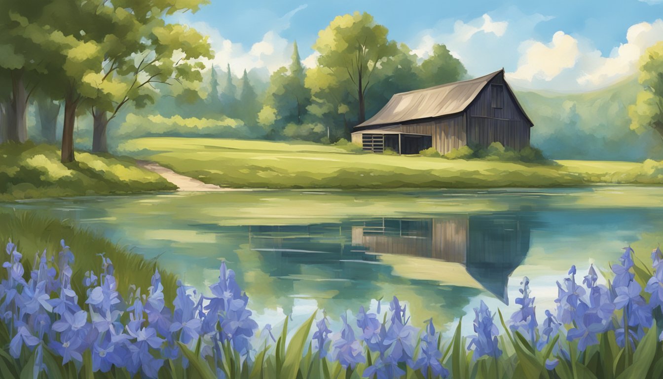 A serene outdoor setting with bluebell flowers scattered throughout, a rustic barn adorned with blue decor, and a picturesque lake reflecting the blue sky