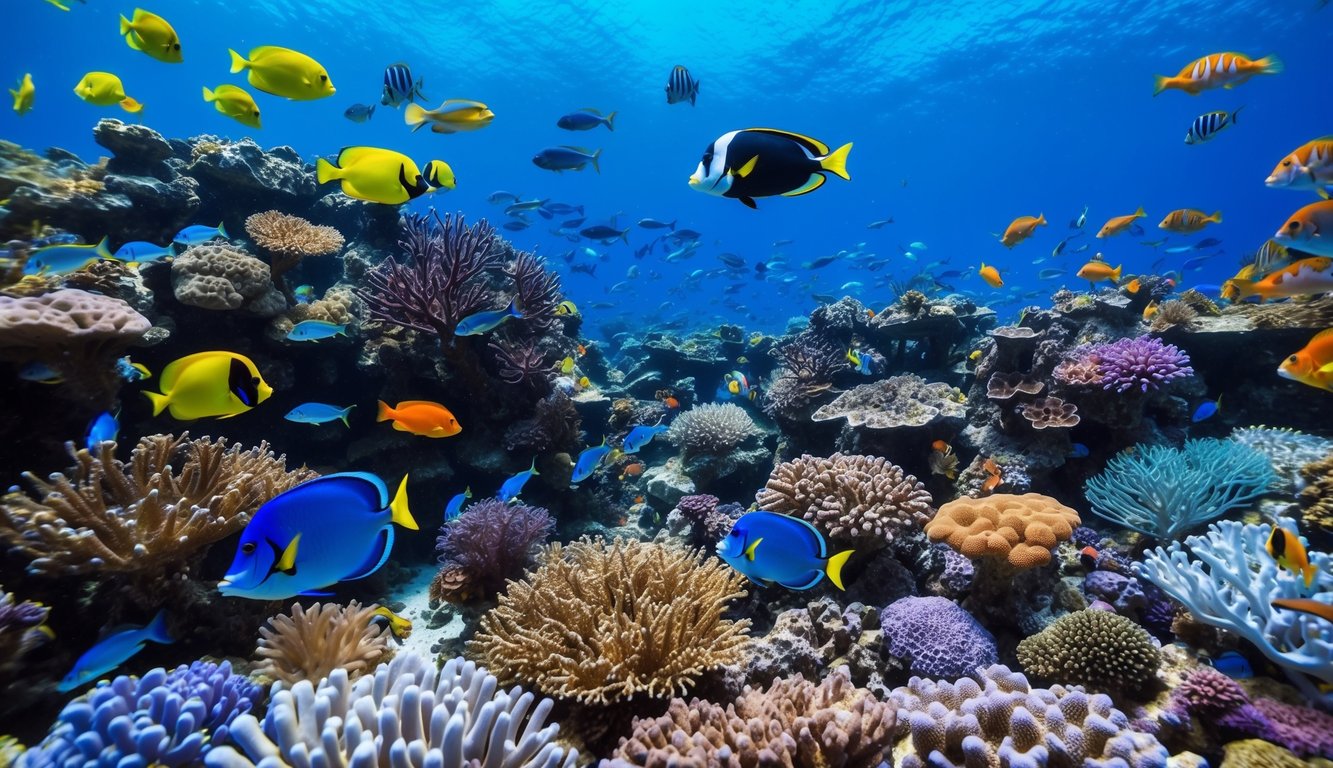 Sebuah dunia bawah laut yang hidup dengan terumbu karang berwarna-warni, ikan tropis, dan berbagai jenis makhluk laut