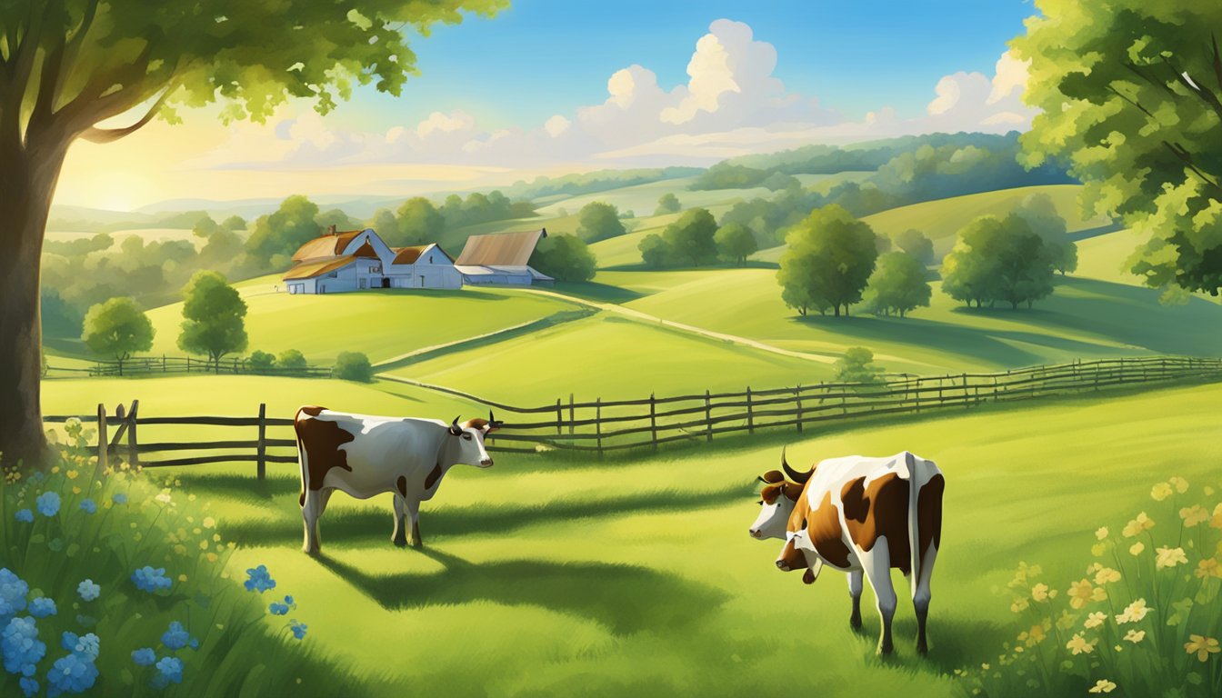 A serene countryside farm with lush green fields, happy cows grazing, and a bright blue sky overhead, showcasing the natural, high-quality ingredients used by Blue Bell