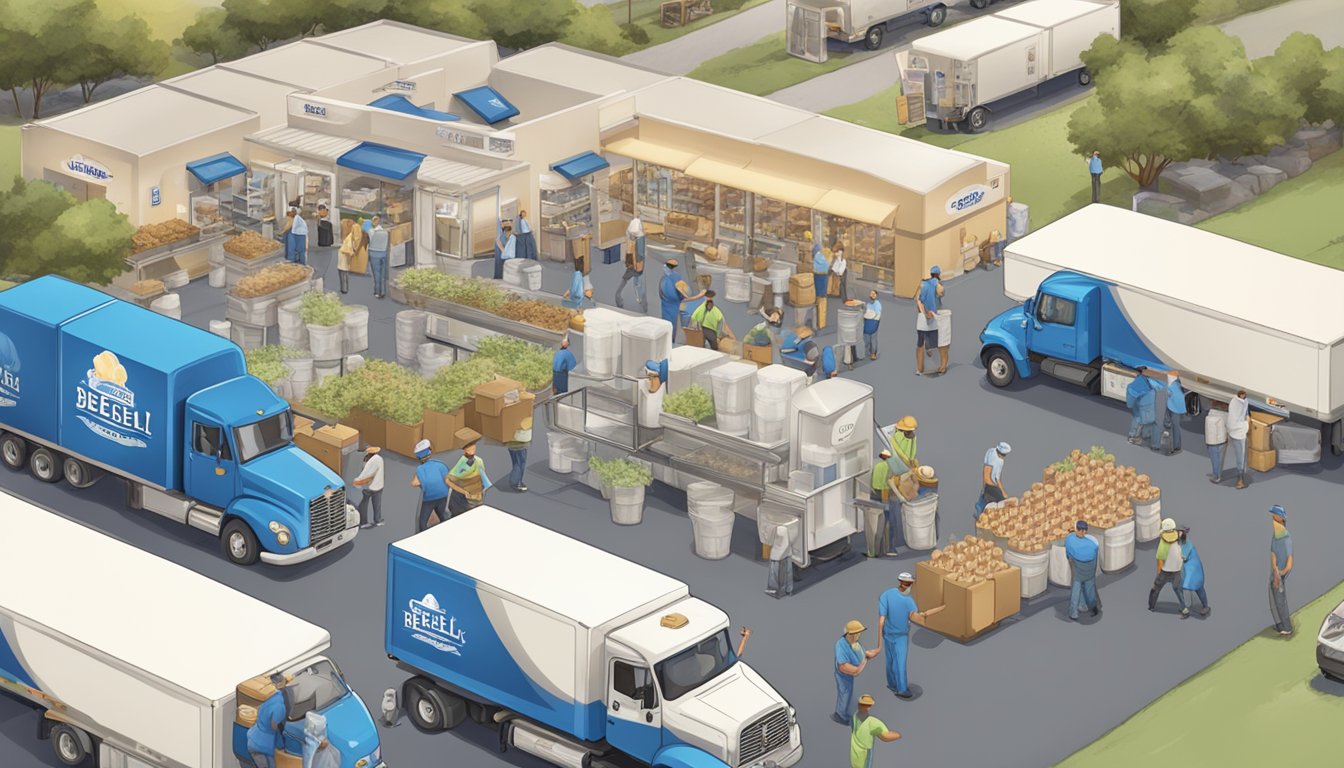 A bustling ice cream factory with workers packaging tubs of Blue Bell ice cream, while delivery trucks line up outside ready to distribute the product to eager customers