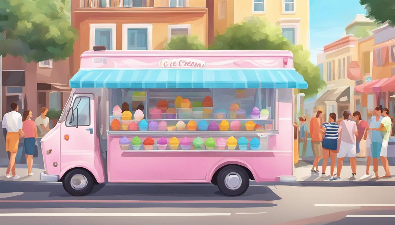 An ice cream truck parked on a sunny street, surrounded by eager customers on a hot summer day