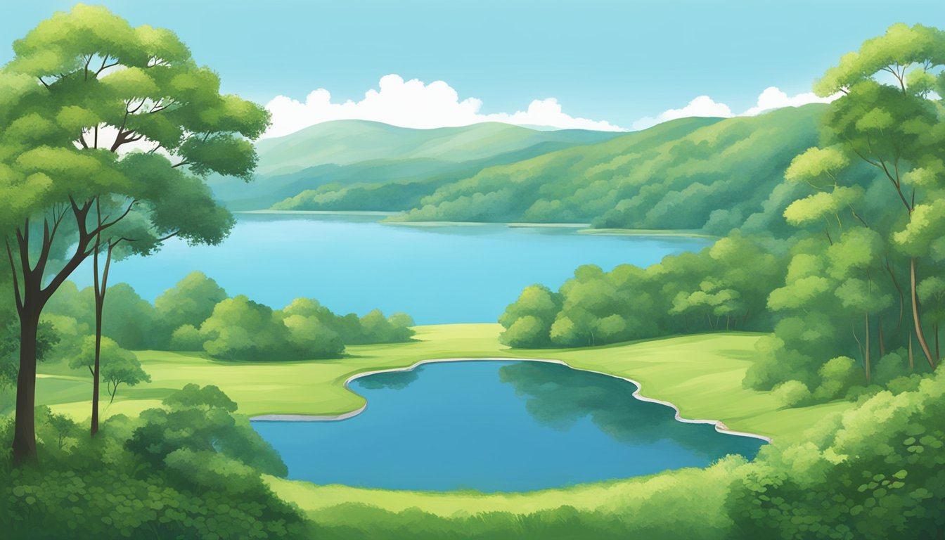 A serene lake surrounded by lush greenery and rolling hills, with a clear blue sky overhead