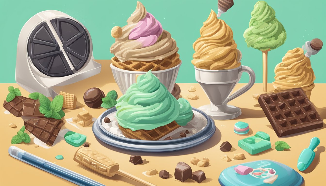 A scoop of mint chocolate chip ice cream melting on a waffle cone, surrounded by nostalgic childhood toys and games