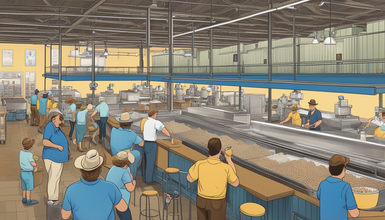 Visitors watch ice cream production at Blue Bell Creameries, surrounded by iconic Texas imagery and nostalgic memories