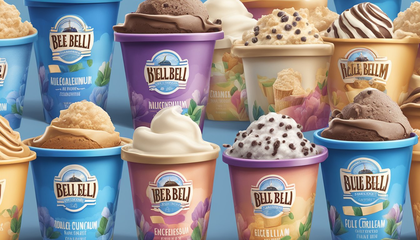 A colorful display of eight Blue Bell ice cream flavors arranged in a nostalgic pattern, with the Moo-llennium Crunch flavor taking center stage