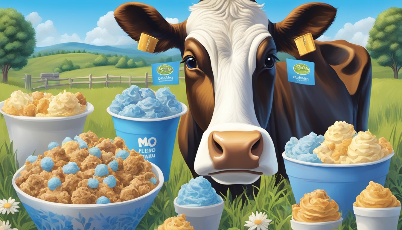 A cow standing in a field surrounded by 15 different flavors of Blue Bell ice cream, with a bowl of "Moo-llennium Crunch" in the center