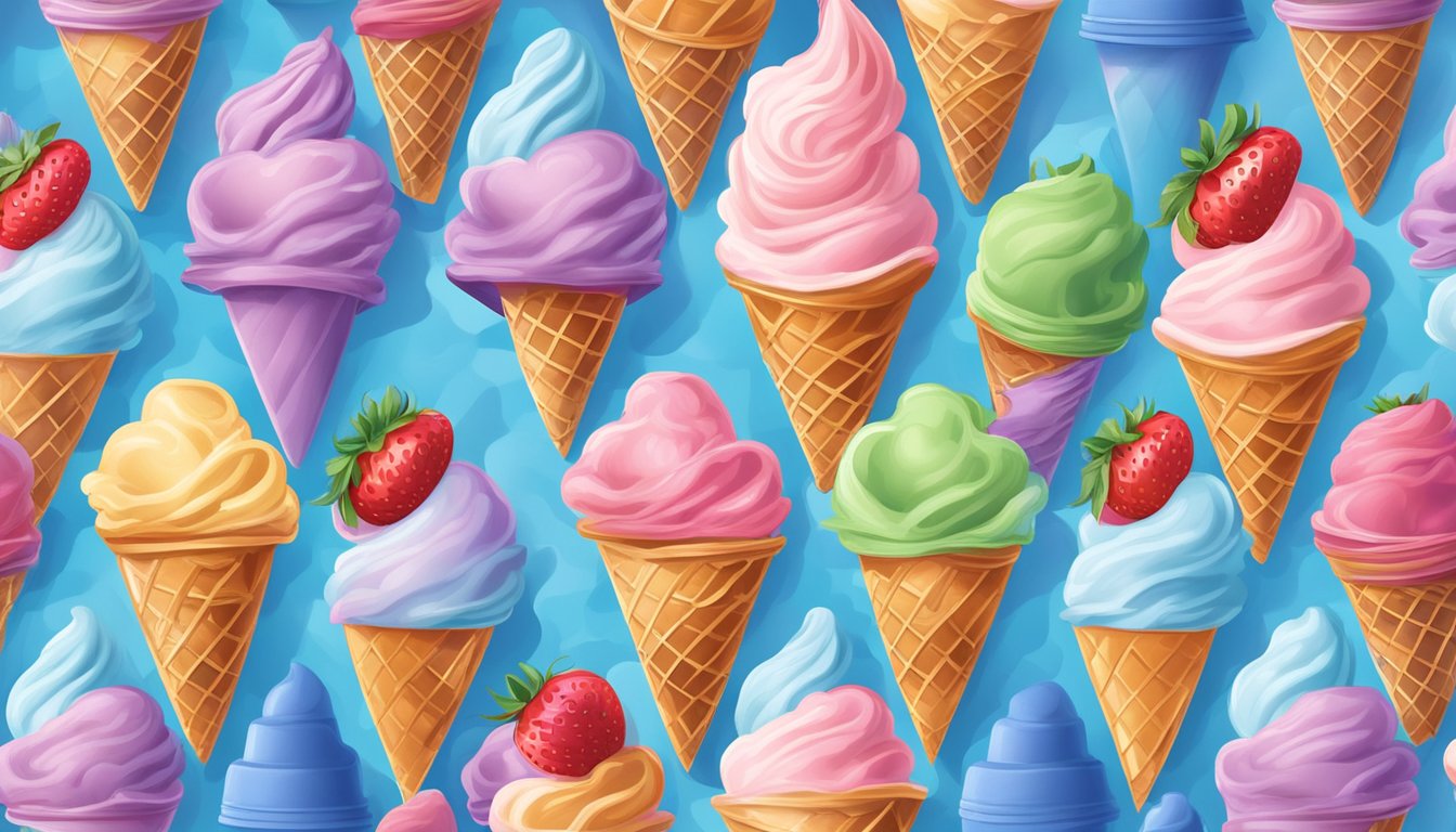 A vibrant strawberry ice cream cone surrounded by colorful Blue Bell flavor containers