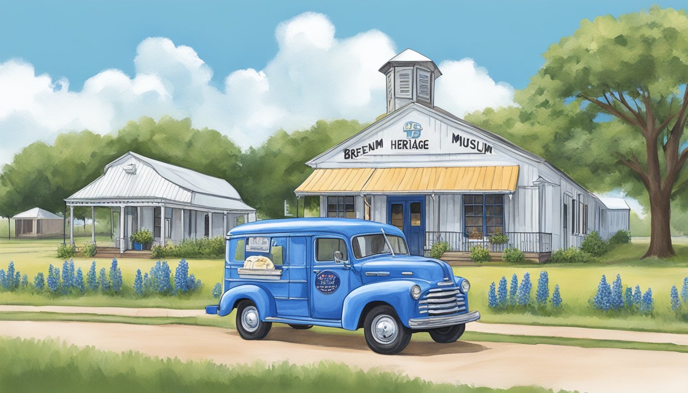 The Brenham Heritage Museum, surrounded by fields of bluebonnets, with a vintage ice cream truck parked out front