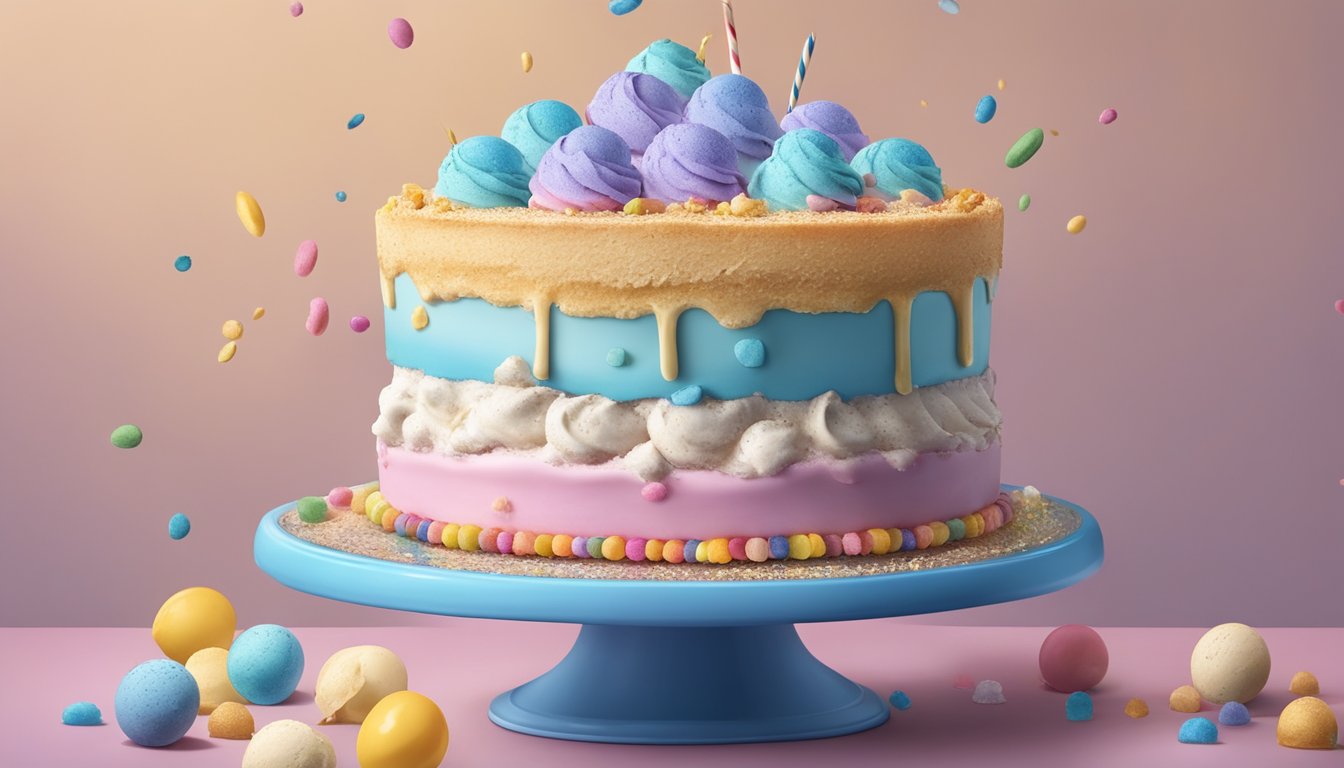 A colorful birthday cake adorned with 8 scoops of Blue Bell ice cream flavors, evoking nostalgia and childhood memories