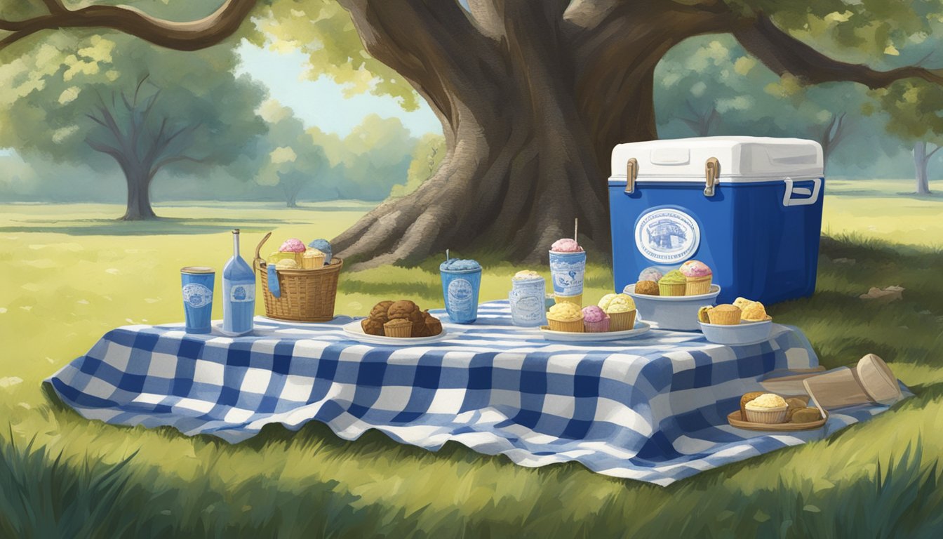 A picnic blanket spread out under a big oak tree, with a vintage blue and white cooler open, filled with Blue Bell ice cream tubs