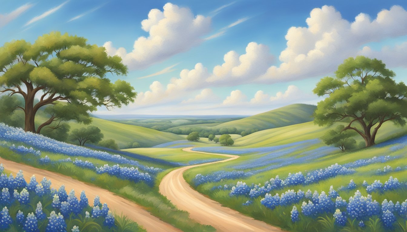 A winding road lined with bluebonnets and rolling hills, leading to a picturesque Texas landscape with a backdrop of a bright blue sky and fluffy white clouds