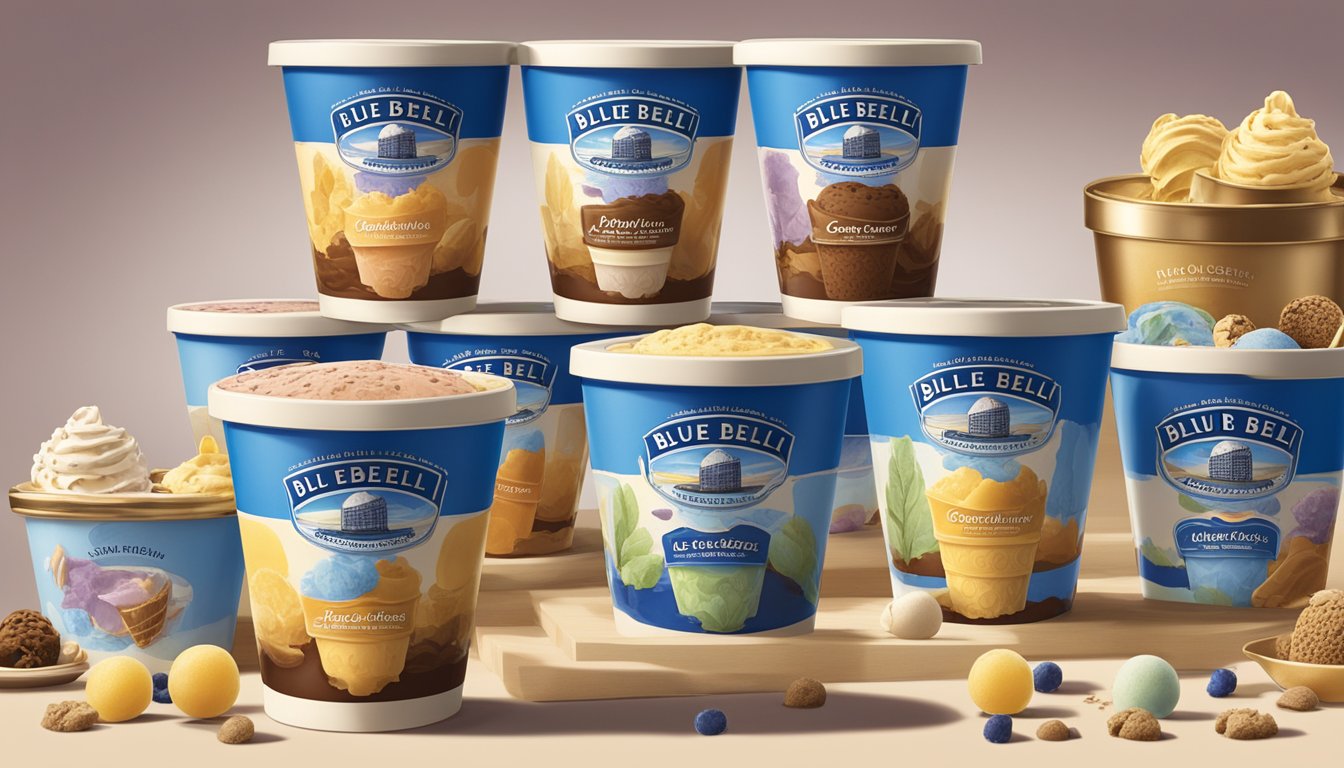 A colorful display of Blue Bell ice cream flavors arranged in a nostalgic and inviting manner. Each flavor evokes memories of childhood and the history of the iconic creameries