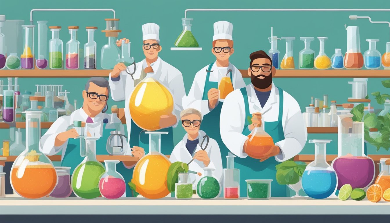 A group of flavor scientists in a laboratory, surrounded by beakers, test tubes, and various ingredients, carefully crafting nostalgic childhood flavors