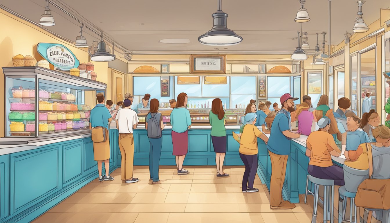 A colorful ice cream parlor with a long line of excited customers, eagerly waiting for the latest seasonal flavor from Blue Bell