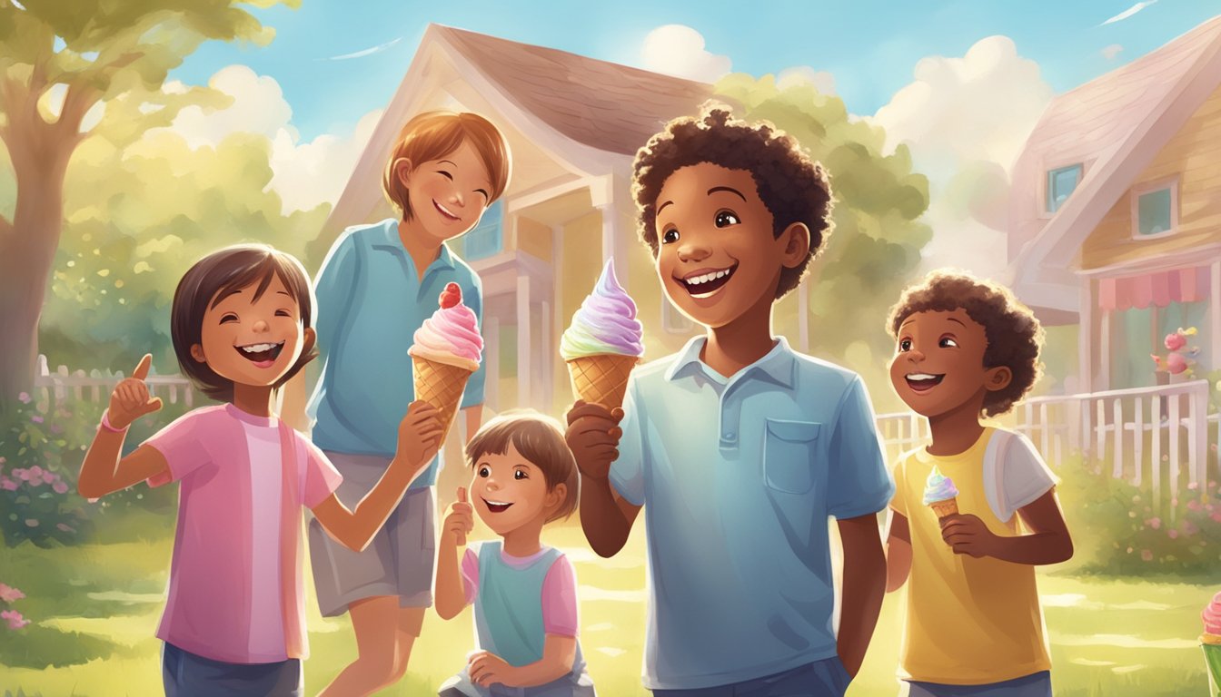 A smiling child holding a dripping ice cream cone, surrounded by happy friends in a sunny backyard