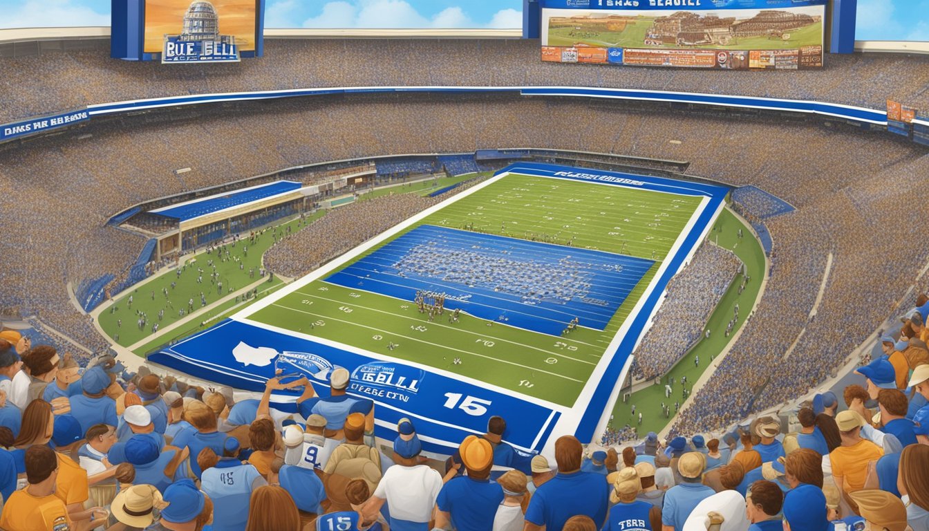 A crowded Texas football stadium with fans enjoying Blue Bell ice cream, surrounded by banners and advertisements featuring the "15 Blue Bell Memories Every Texan Has."