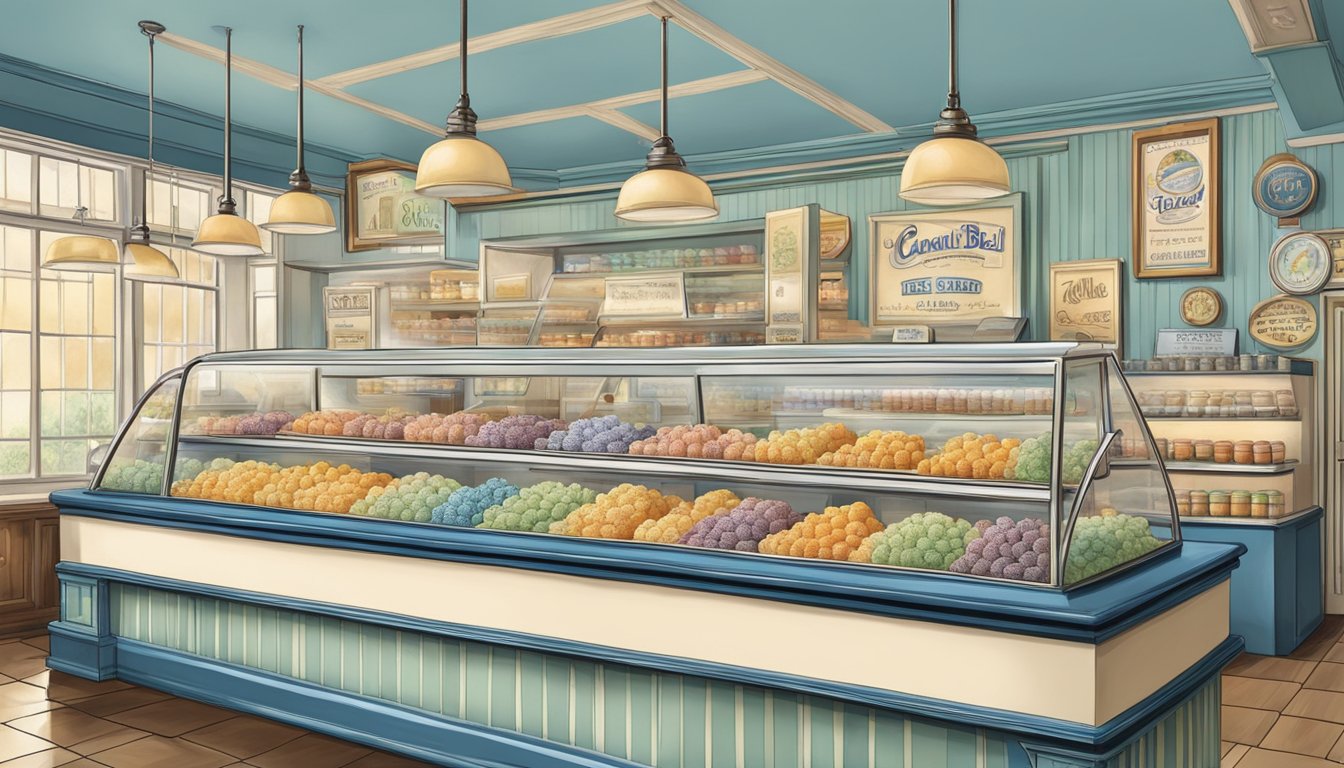 A vintage ice cream parlor with a display of blue bell flavors, featuring a cantaloupe and cream flavor prominently showcased