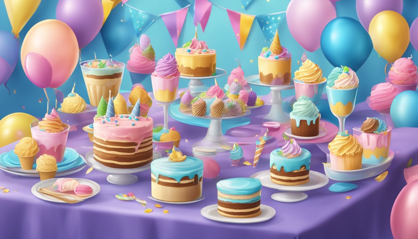 A colorful birthday party table with a variety of Blue Bell ice cream flavors, surrounded by festive decorations and party favors