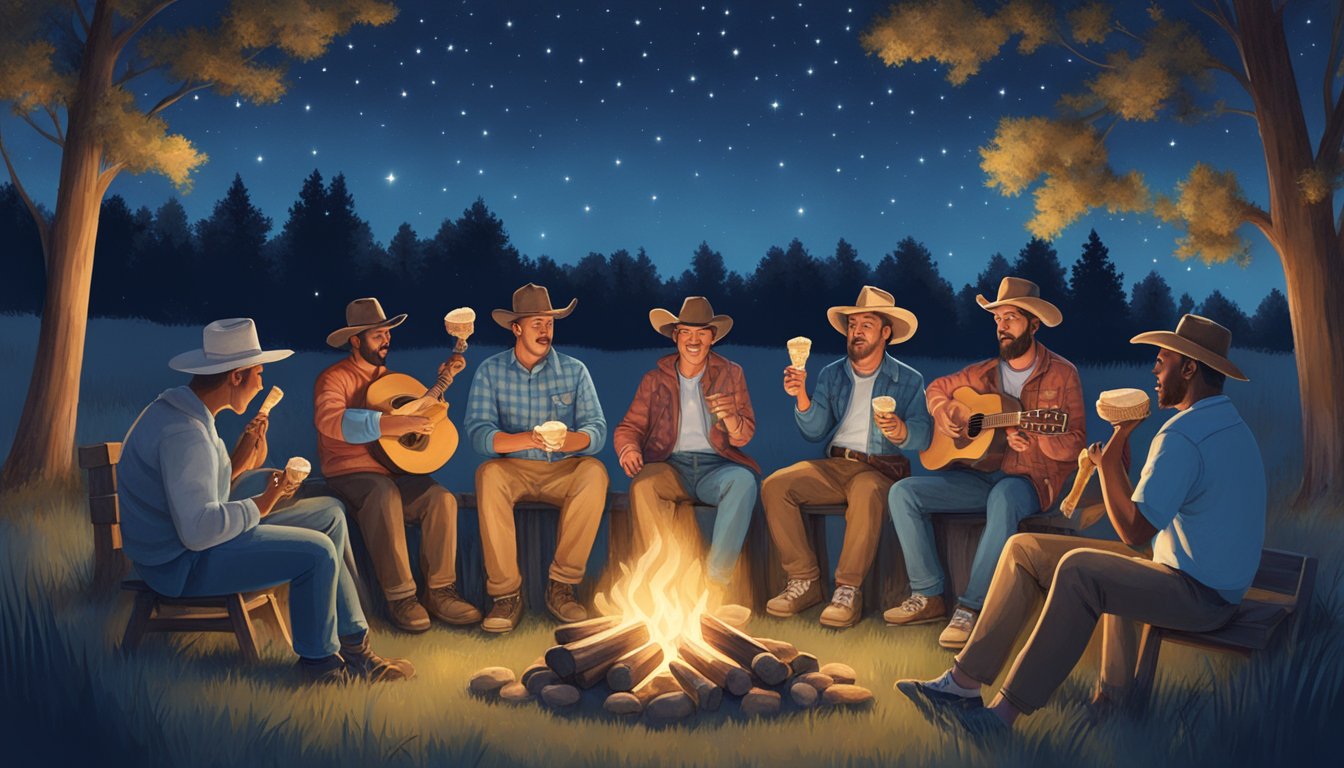 A group of Texans gather around a campfire, singing and enjoying Blue Bell ice cream under the starry night sky