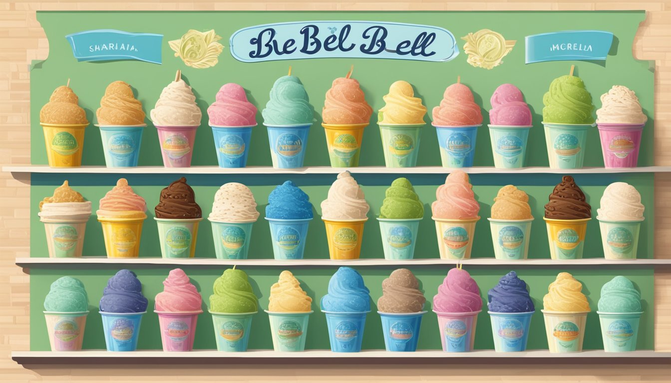 A colorful display of 11 vintage Blue Bell ice cream flavors, including Margarita, arranged in a retro ice cream parlor setting