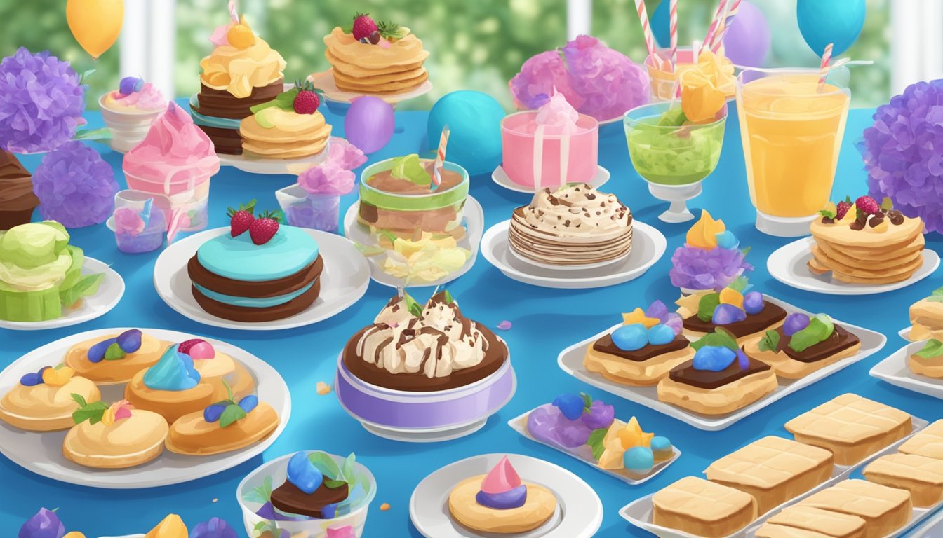 A colorful party table with various homemade Blue Bell ice cream sandwiches displayed on platters, surrounded by festive decorations and happy partygoers enjoying the treats