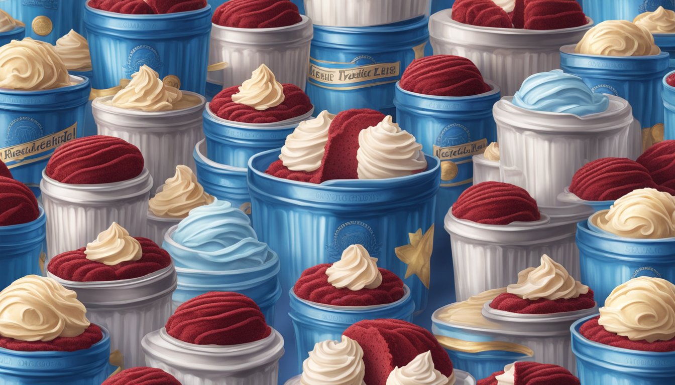 A decadent red velvet cake surrounded by 11 containers of Blue Bell ice cream flavors, evoking a sense of nostalgia and longing for the return of beloved treats