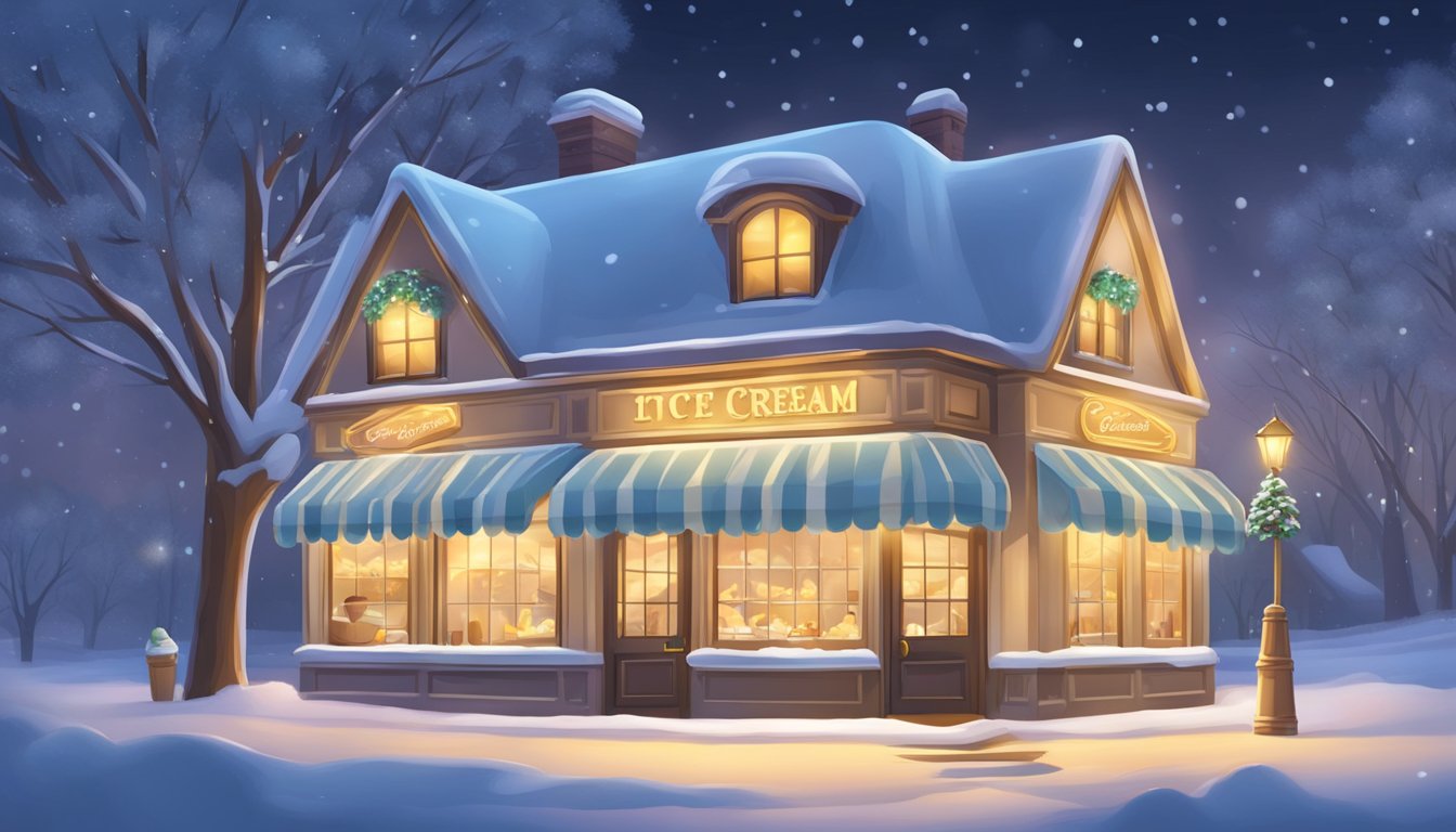 A cozy ice cream parlor with a glowing fireplace, serving up scoops of 'Butter Pecan' on a snowy winter night