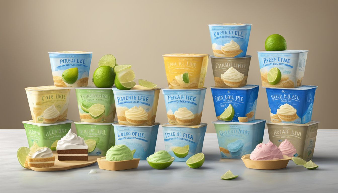 A slice of key lime pie surrounded by 11 different cartons of Blue Bell ice cream flavors, with the focus on the pie