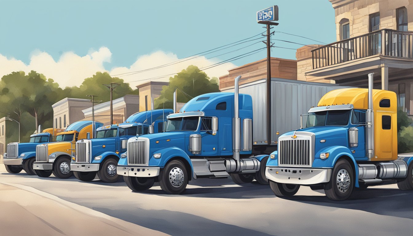 A convoy of iconic blue trucks parked outside a bustling Texan town