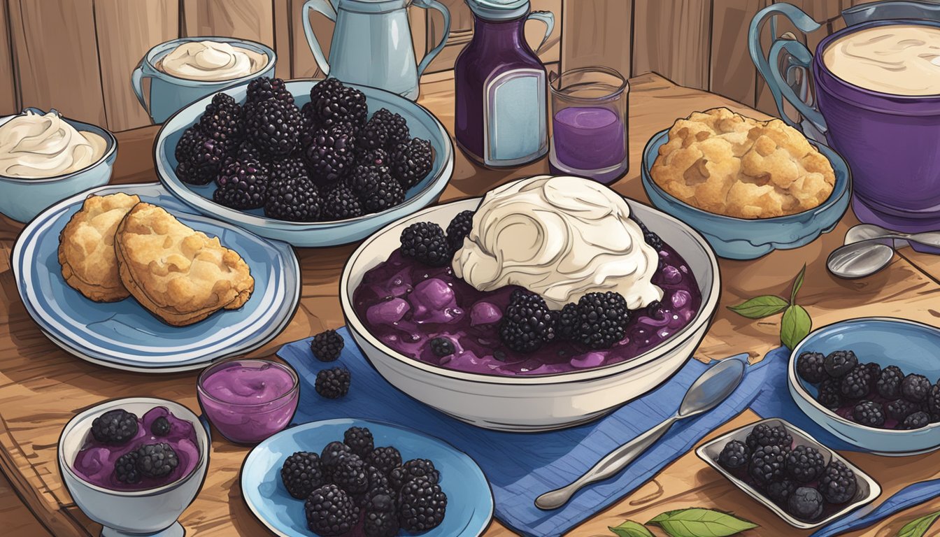 A rustic kitchen table with a freshly baked blackberry cobbler and a variety of Blue Bell ice cream flavors arranged around it