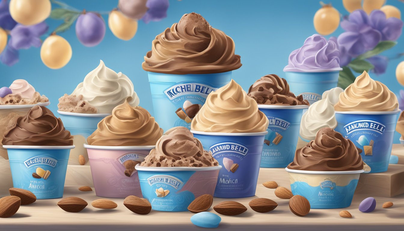 A colorful display of Mocha Almond Fudge ice cream surrounded by other Blue Bell flavors, with a nostalgic and inviting atmosphere