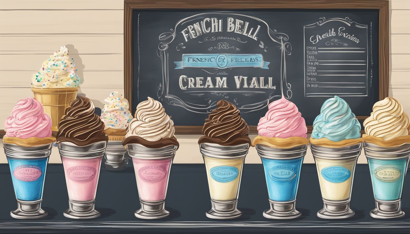 A vintage ice cream parlor with a display of French Vanilla and other Blue Bell flavors on a chalkboard menu