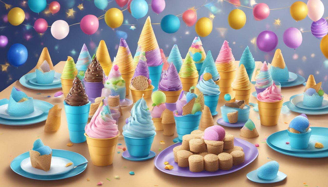 A festive party table with 10 different Blue Bell ice cream cones displayed in creative ways, surrounded by colorful decorations and happy guests