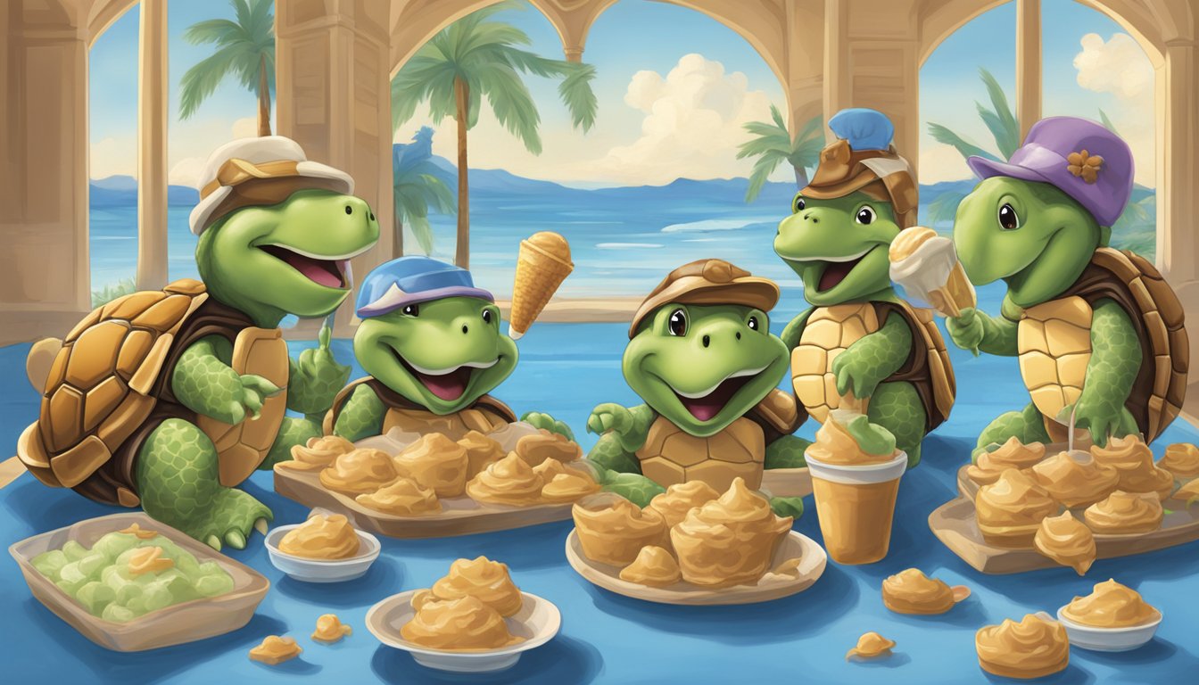 A group of caramel-colored turtles enjoying a variety of blue bell ice cream flavors in a nostalgic setting