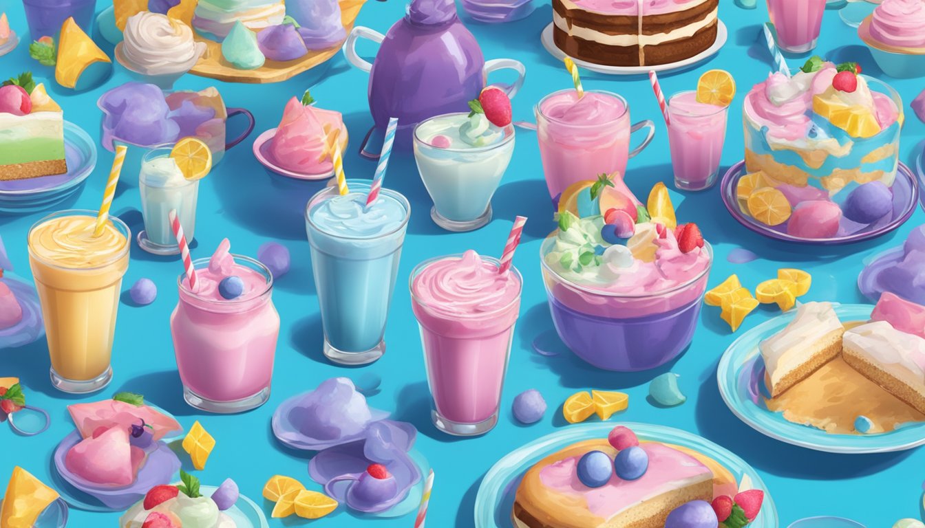 A colorful party table filled with various Blue Bell milkshake flavors, surrounded by festive decorations and happy partygoers